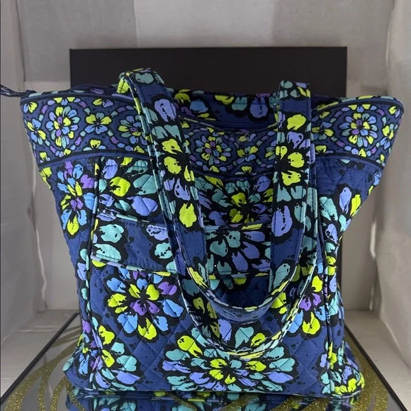 Vera Bradley Navy Quilted Tote with Teal, Lime & Purple Floral Medallions - Picture 9 of 12